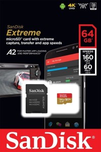 Karta pamięci Sandisk microSDXC 64GB EXTREME 160MB/60MB/s A2 C10 V30 UHS-I U3 + adapter SD (doskonała do kamer sportowych) SDSQXA2-064G-GN6MA